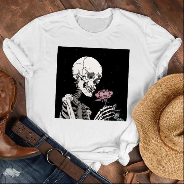 

women lady t shirts cartoon flower skull valentine love fashion shirt clothes female print tee womens top, White
