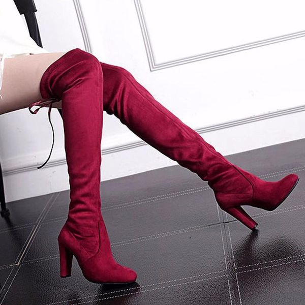 

boots 2021 over-the-knee women female winter shoes woman lace up fashion suede high heels thigh, Black
