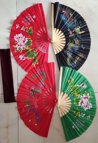 

outdoor fitness equipment 2pcs/pair bamboo tai chi fan dragon taiji martial arts performance peony red/blue/green