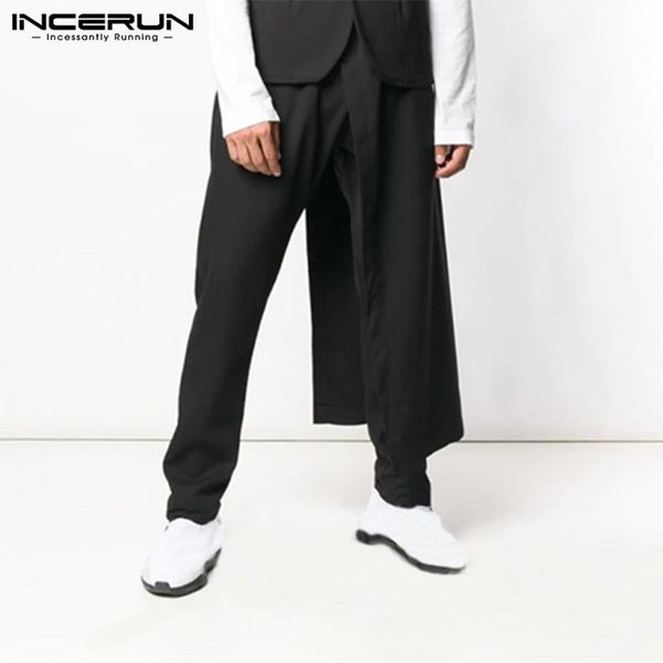 

solid color men's pants elastic waist casual loose streetwear asymmetric trousers men fashion chic skirts s-5xl, Black