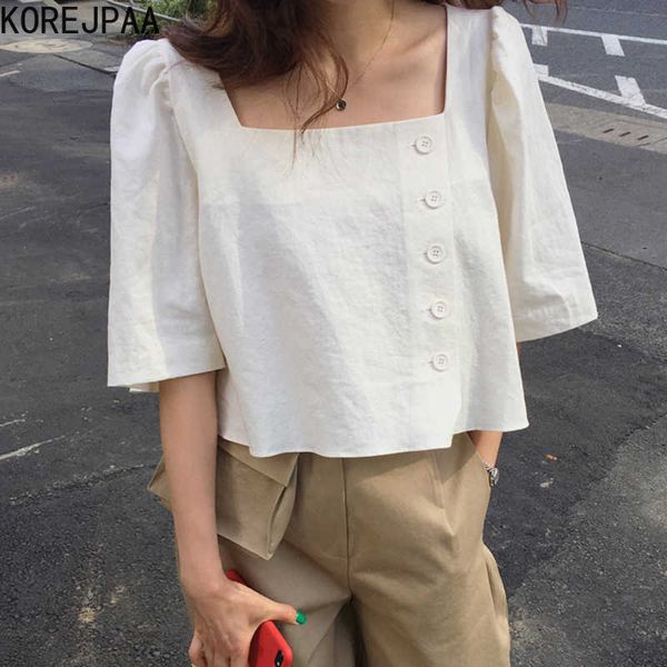 Korejpaa Camicia Donna Estate Corea Chic Francese Semplice Collo Quadrato Esposto Clavicola Laterale Camicetta Manica Sbuffo Monopetto 210526