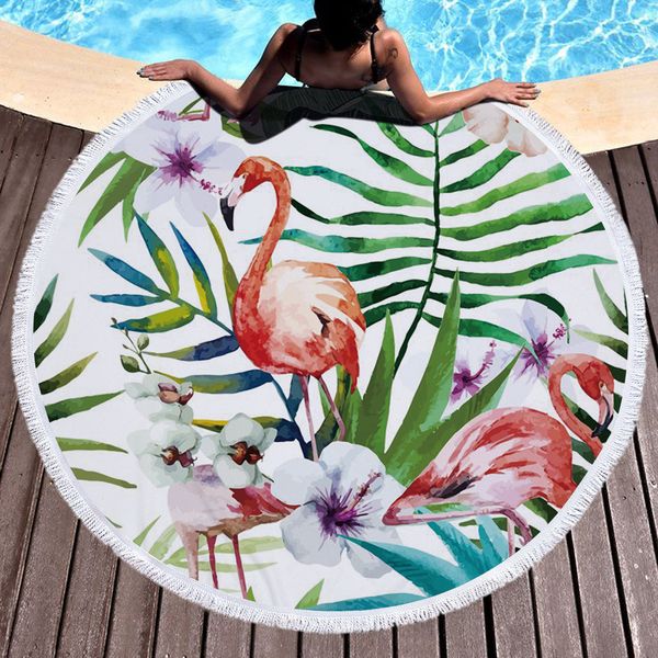 

flamingo round beach towel, microfiber round beach blanket sand proof oversized with fringe tassels, hawaii tropical leaves floral yoga