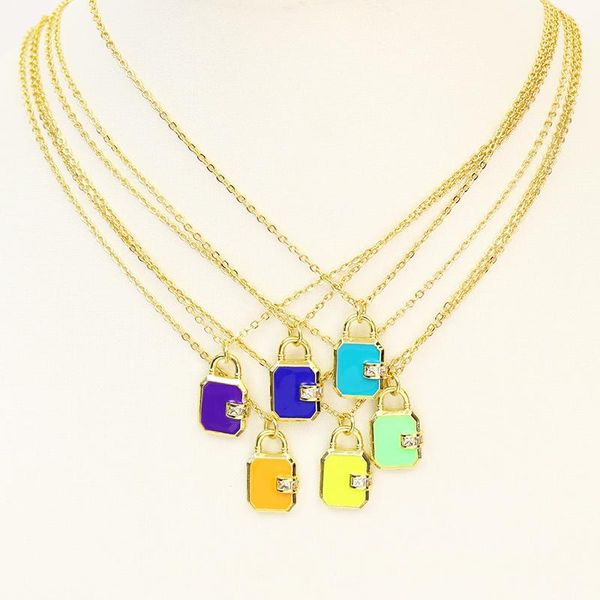 

pendant necklaces 6pcs enamel lock necklace zirconia charms gold color jewelry design 51822, Silver