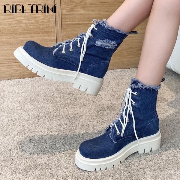 

boots ribetrini big size 40 ladies chunky heel platform round toe shoes denim ankle women jeans casual lace up, Black