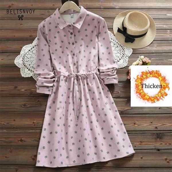 Japonês Mori Menina Mulheres Outono Inverno Quente Vestido Floral Imprimir Velo Elegante Cute Kawaii Lace Up Robe Femme 210520