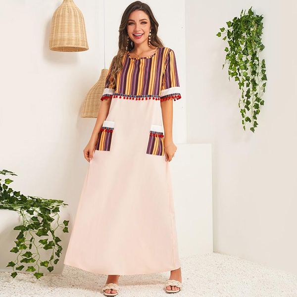 

casual dresses summer fashion women's temperament round neck half sleeve striped stitching retro a-line loose high waist dress, Black;gray