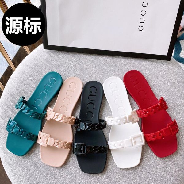 

g family's 2021 summer new chain flat bottomed flip flops, Black