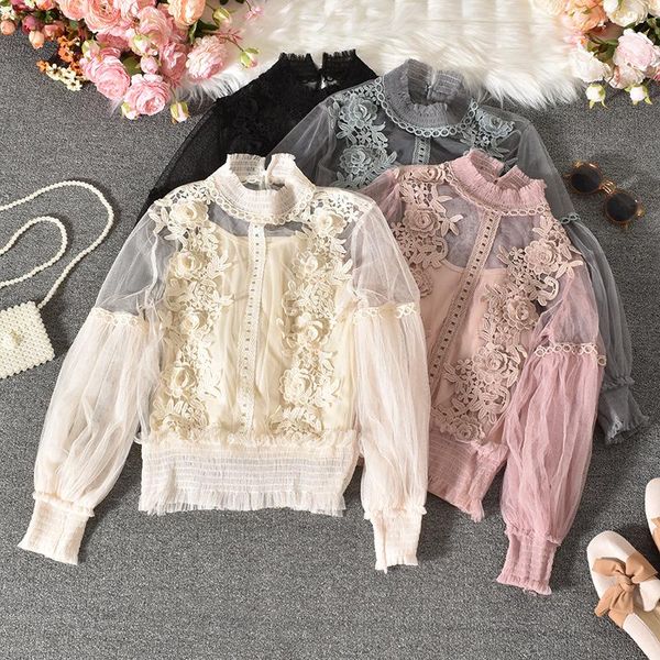 

see-through mesh half high neck three-dimensional flower lantern puff sleeve sling two-piece lace shirt party blouse women's blouse, White