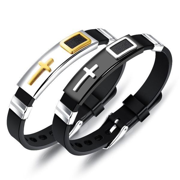 

tennis fashion simple men's titanium steel silica gel versatile leather bracelet adjustable belt buckle jewelry, Golden;silver