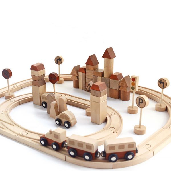 Çocuklar Yaratıcı Ahşap Oyuncaklar Orman Track Train Montajlı Yapı Taşları Trafik İşareti Tanıma Bebek Erken Eğitim Oyuncakları