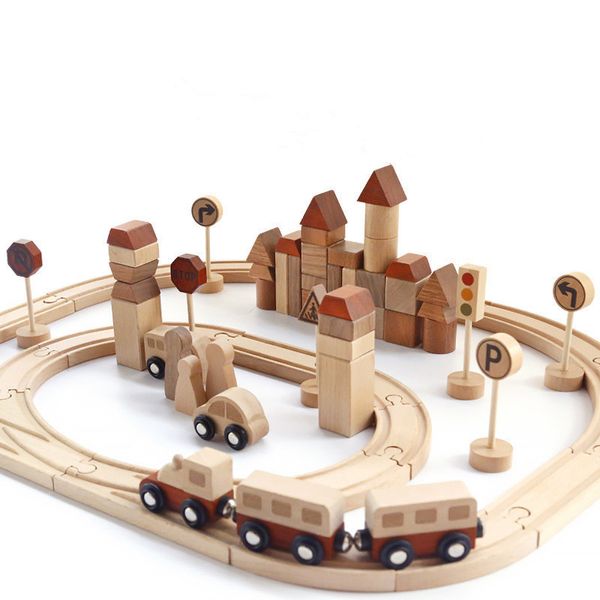 Giocattoli creativi in legno per bambini Pista forestale Treno Blocchi assemblati Riconoscimento dei segnali stradali Giocattoli per l'educazione precoce del bambino