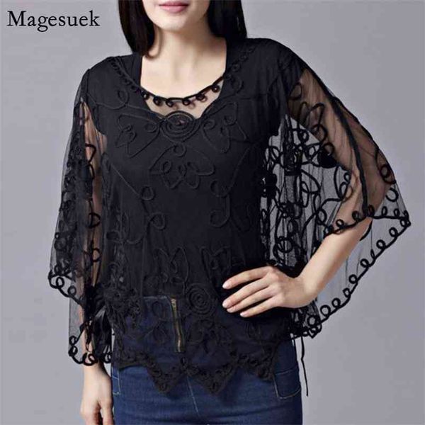 Sommer Mesh Weiße Bluse Frauen Batwing Hülse Casual Sexy Top Blusen Stickerei Lose Hohle Spitze Hemd Weibliche Blusas 803J 210512