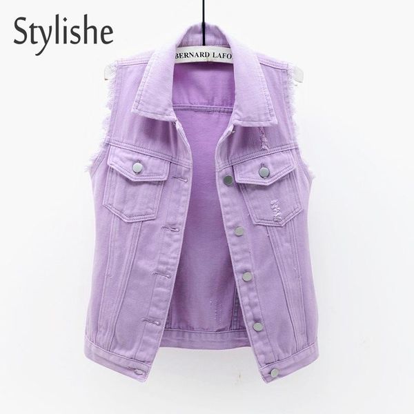 

women's vests stylishe ripped jean vest y2k women bright color denim waistcoat pink pocket button up sleeveless jacket female, Black;white