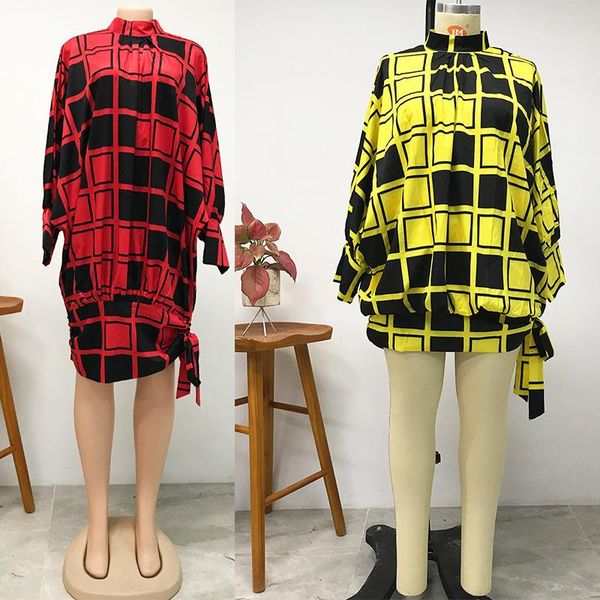 

casual dresses women 2021 plaid print dress batwing sleeves high collar irregular loose fashion holiday female vestidos xl, Black;gray