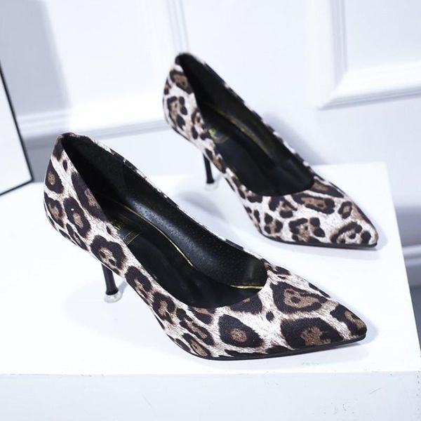 

dress shoes female high heels leopard print thin spring woman wedding standard size pointed toe single pumps y21-12, Black