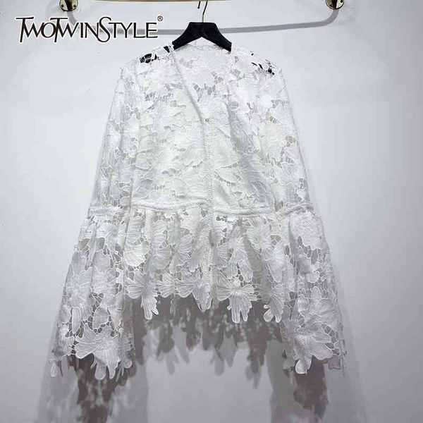 

casual hollow out women blouse v neck flare long sleeve loose appliques floral shirt for female fashion clothes 210524, White