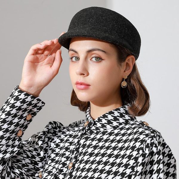 

berets 2021 winter 100% australia wool equestrian cap lady fashion pork pie sboy caps women felt cloche hat solid color beret, Blue;gray