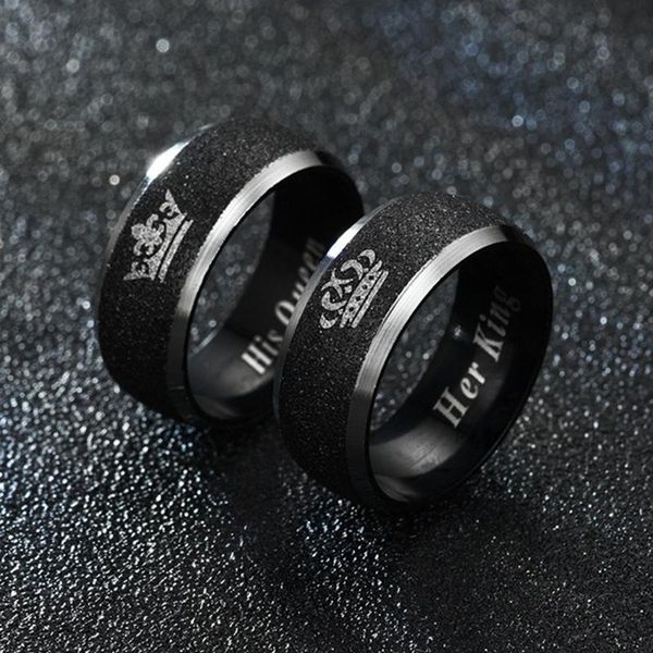 

wedding rings fashion simple style titanium steel black pearl sand crown ring english lettering queen couple men and women jewelry (1pcs), Slivery;golden