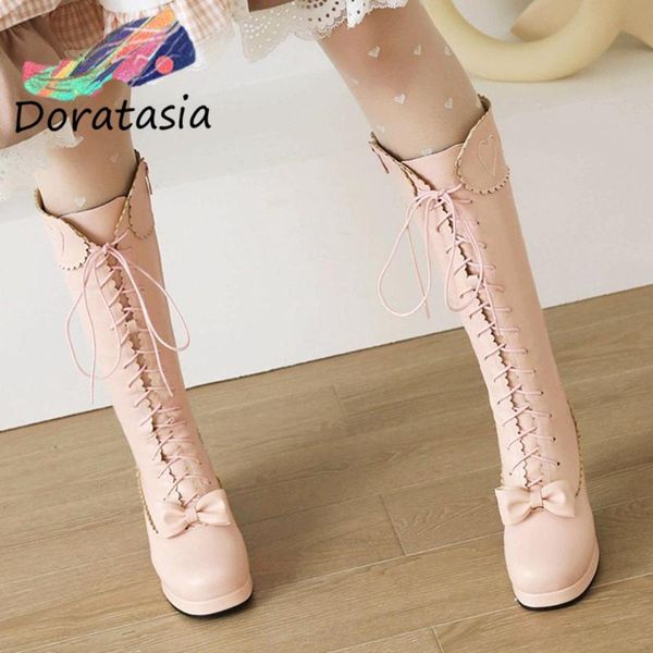 

boots doratasia big size 44 lace up zipper round toe chunky heel butterfly knot lolita women's cosplay unique shoes, Black