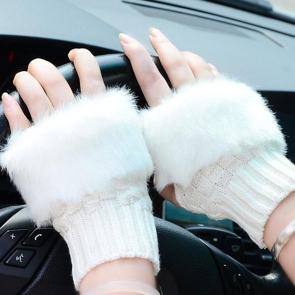 

five fingers gloves fashion warm faux fur knitted half-finger women' winter arm warmers cute solid mittens 2022, Blue;gray