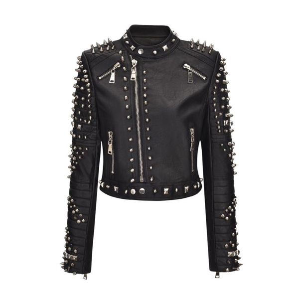 

women's leather & faux ladies punk black clothing hipster street motorcycle heavy industry rivet graffiti print short slim pu coat