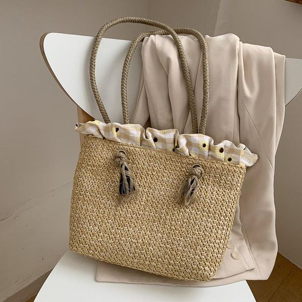 

evening bags vintage design straw drawstring shoulder 2021 casual summer women's brand large-capacity tote bag ladies folds handbags