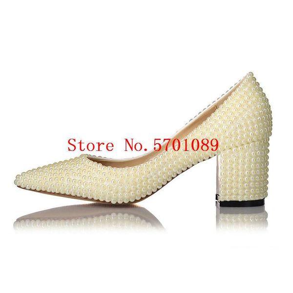 

dress shoes handmade wedding pearls bride bridesmaid genuine leather pumps chunky heel pointed toe 6cm heels 35-41, Black
