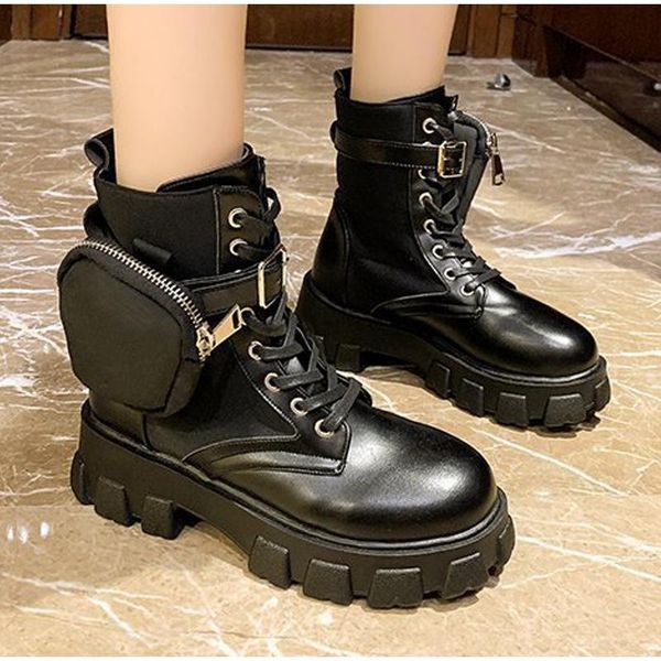 

boots women's platform chunky heels combat shoes with pocket lace up ladies ankle round toe fashion autumn female 2021, Black