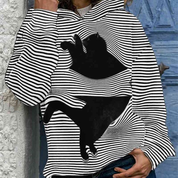 

aw2020 kitten stripe print hoodie loose long sleeve sweater women, Black
