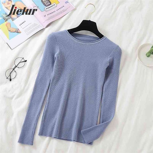 

9 candy colors o-neck knitted sweater women korean simple long-sleeved winter base shirt slim female sweaters blue 210426, White;black