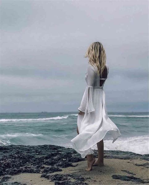 

women's cape backless v neck beach cover up swimwear lace splice split flare sleeve white long cardigan summer bikini outerwear kf, Black