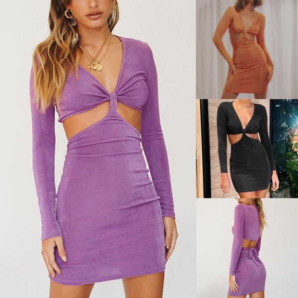 

casual dresses black long sleeve bodycon dress for women 2021 ruched hollow out wrap autumn mini club party robe femme, Black;gray