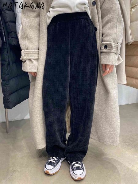 

matakawa korea spring fashion pants women solid color retro corduroy pants high waist casual elastic waist trousers 210513, Black;white