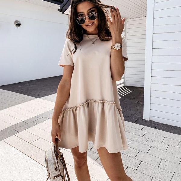 

casual dresses loose short sleeve mini woman dress 2021 summer white pink ruffles big hem beach for women sundress femme robe, Black;gray
