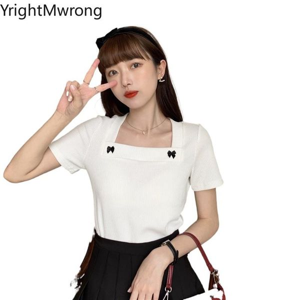 

white knit bow square neck simple cute t-shirt women short sleeve summer t shirt bandage tee korean fashion casual 2021 women's