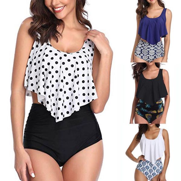 

women's swimwear women two pieces bathing suits plus size sling ruffle high waisted bottom bikini set tankini swimsuit 2021 halter biki, White;black