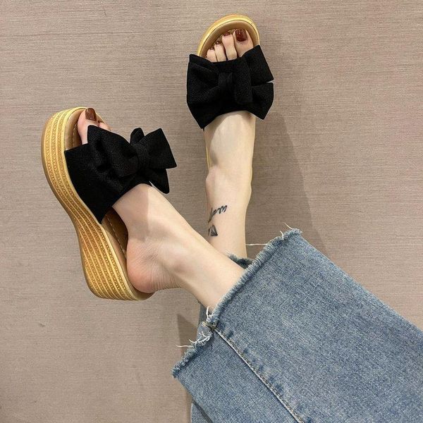 

slippers summer platform wedge women shoes butterfly-knot clog fabric bow mules flip flop light slides slipper 2021, Black