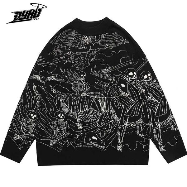 

vintage knitted sweater harajuku ukiyo-e style skull graffiti pullover autumn streetwear sweater men women cotton knitwear 211008, White;black
