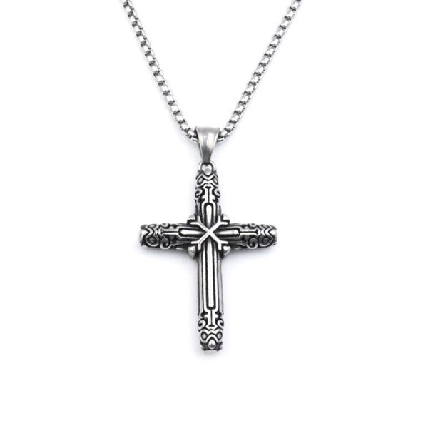 

pendant necklaces fashion necklace for men vintage cross long retro texture design box chain jewelry, Silver