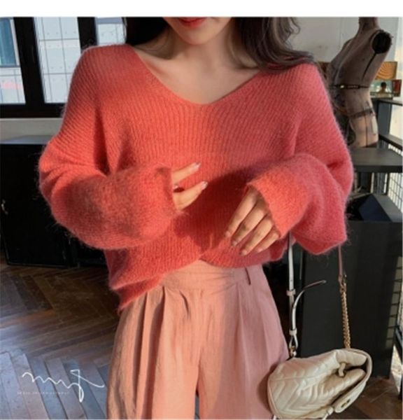 

women's sweaters autumn women knitted sweater solid color mohair pullover v neck sweet loose long-sleeve knitwear jumper pull femme, White;black