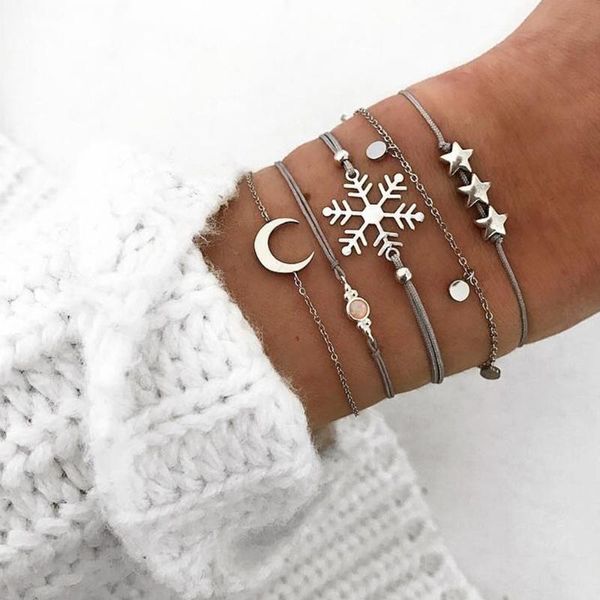 

link, chain 5 pcs/set vintage snowflake moon star gem pendant bracelet women charm infinity boho jewelry accessories, Black