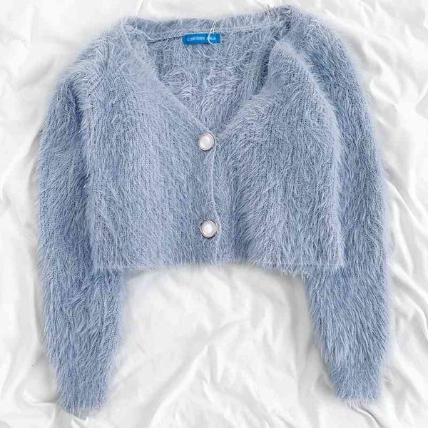 

autumn winter furry short cardigan women slim long sleeve button up crop sweater ladies knitted 210602, White