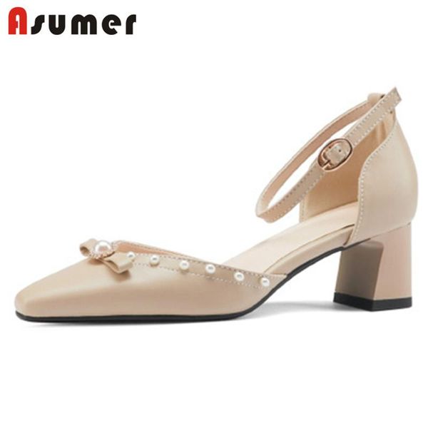 

asumer 2021 arrive single shoes women pumps bowknot ankle buckle summer casual party footwear sweet thick heel woman dress, Black
