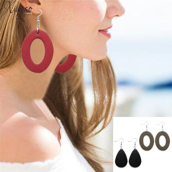 

dangle & chandelier xinyao simple pu leather drop earrings for women girls 2021 fashion hollow geometric oval round statement jewelry gifts, Silver