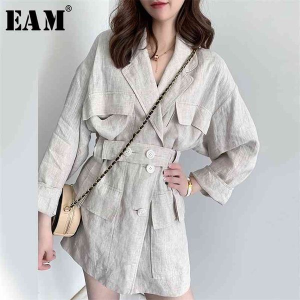 

[eam] loose fit linen button split joint big size jacket lapel long sleeve women coat fashion spring 1x5010 210914, Black;brown