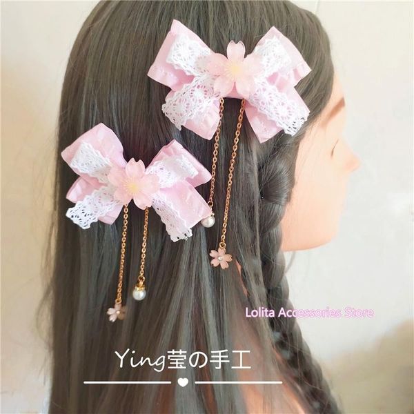 

party masks pink bowknot sakura tassel hair clip cosplay anime soft girl lolita hairpin headdress lace pair accessories handmade