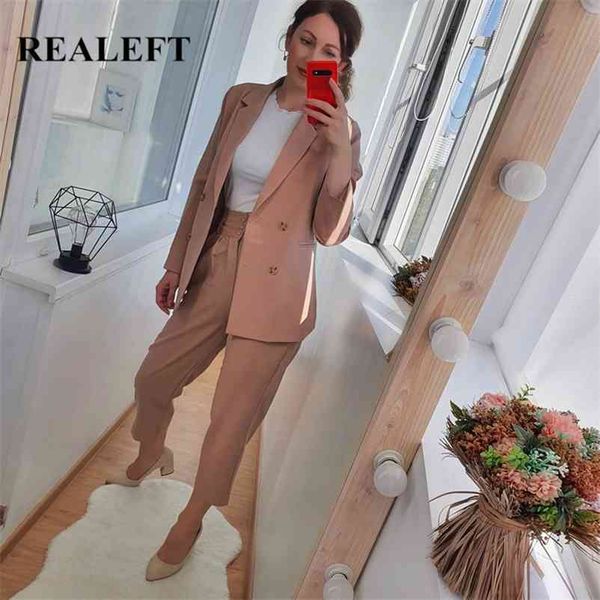 

realeft autumn winter women's pant suit double breasted notched blazer jacket & pant office wear women suit female sets 210727, White