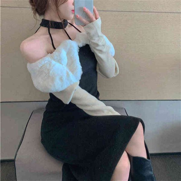

casual dresses black midi fur neck chic evening party korea spring elegant vintage knit female y2k 9nd9, Black;gray