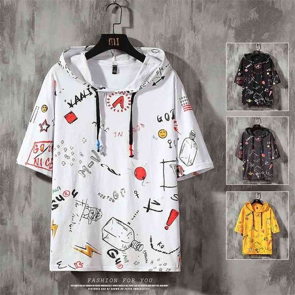 

mens tees summer print short sleeve with hooded t shirt hip hop streetwear sports wear tshirt 210722, White;black