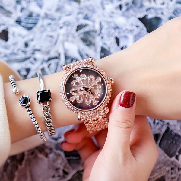 

new rhine-stone full diamond rose gold waterproof trend leisure quartz watch fashion women's watch, Slivery;brown
